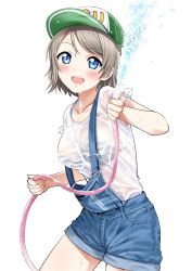 Rule 34 | bikini, bikini top only, blue eyes, blush, breasts, brown hair, hat, highres, hose, looking at viewer, love live!, love live! school idol festival, love live! sunshine!!, medium breasts, overall shorts, overalls, sankuro (agoitei), see-through, shirt, short hair, short shorts, shorts, simple background, solo, striped bikini, striped bikini top, striped clothes, swimsuit, watanabe you, water, wet, wet clothes, wet hair, wet shirt, white background, white shirt