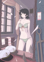 Rule 34 | 1girl, absurdres, anchor, anchor symbol, black hair, blush, bra, breasts, cleavage, closed mouth, commentary request, cowboy shot, curtains, green bra, green eyes, green panties, hat, highres, indoors, lace, lace bra, lemon t (whimsicalcatx), medium breasts, mirror, murasa minamitsu, navel, panties, red ribbon, reflection, ribbon, sailor hat, short hair, smile, solo, touhou, underwear, underwear only, window