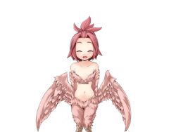 Rule 34 | 1girl, bare shoulders, bird legs, blush, bmp-to-png conversion, closed mouth, feathers, frfr, hair intakes, harpy, harpy twins (mon-musu quest!), medium hair, midriff, mon-musu quest!, monster girl, navel, non-web source, open mouth, pii (mon-musu quest!), ponytail, red feathers, red hair, red wings, solo, transparent background, winged arms, wings