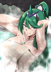Rule 34 | 1girl, armpits, arms behind head, blush, breasts, breasts apart, brown eyes, censored, cleavage, gem, green eyes, green hair, hair ornament, headpiece, highres, jewelry, large breasts, long hair, looking at viewer, nintendo, onsen, outstretched arms, pneuma (xenoblade), ponytail, rock, solo, spoilers, spread arms, swept bangs, tiara, towel, vialnite, water, wet, xenoblade chronicles (series), xenoblade chronicles 2