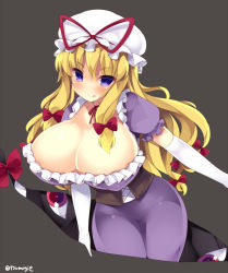 Rule 34 | 1girl, akikaze tsumuji, black background, blonde hair, blush, bow, breasts, bursting breasts, choker, cleavage, colored eyelashes, corset, covered erect nipples, dress, elbow gloves, gap (touhou), gloves, gradient eyes, hair bow, hat, hat ribbon, hip focus, huge breasts, impossible clothes, impossible dress, long hair, looking at viewer, mob cap, multicolored eyes, naughty face, puffy short sleeves, puffy sleeves, purple dress, purple eyes, red eyes, ribbon, ribbon choker, shiny skin, short sleeves, sidelocks, simple background, slit pupils, solo, thighs, tongue, tongue out, touhou, twitter username, very long hair, white gloves, yakumo yukari