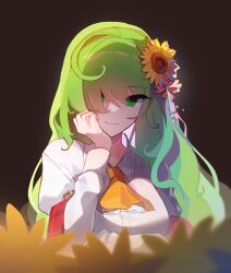 Rule 34 | 2girls, arm under breasts, ascot, blonde hair, breasts, collared shirt, commentary, elly (touhou), flower, green eyes, grey hair, hair flower, hair ornament, hair over one eye, hand on own chin, hat, highres, kaliningradg, kazami yuuka, kazami yuuka (pc-98), large breasts, long hair, long sleeves, mini person, minigirl, multiple girls, plaid, plaid vest, red vest, scythe, shirt, smile, sunflower, touhou, touhou (pc-98), vest, white shirt, yellow ascot