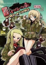 Rule 34 | 6+girls, ;), alternate eye color, alternate hairstyle, assam (girls und panzer), bandana, belt, black footwear, black gloves, black skirt, blue eyes, boots, braid, brown belt, brown eyes, circle name, closed mouth, commentary request, constricted pupils, crown braid, darjeeling (girls und panzer), day, emblem, english text, epaulettes, extra, unworn eyewear, ferret scout car, foreshortening, frown, girls und panzer, glasses, gloves, green eyes, green jacket, grimace, grin, hair down, hair over shoulder, headphones, headset, heart, highres, holding, holding removed eyewear, holding tablet pc, insignia, jacket, leg up, long hair, long sleeves, looking at viewer, military, military uniform, military vehicle, miniskirt, motor vehicle, multiple girls, nilgiri (girls und panzer), one eye closed, outdoors, pleated skirt, purple eyes, r-ex, radio, red bandana, red jacket, round eyewear, rukuriri (girls und panzer), short hair, single braid, sitting, skirt, smile, st. gloriana&#039;s (emblem), st. gloriana&#039;s military uniform, standing, sunglasses, sunglasses removed, tablet pc, translation request, twintails, uniform, world of tanks