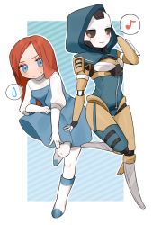 Rule 34 | 2girls, android, animification, apex legends, ash (titanfall 2), ashleigh reid, black sclera, blue dress, blue eyes, blush, boots, brown hair, colored sclera, cracked skin, dress, dual persona, elbow gloves, gloves, highres, hooded leotard, looking down, metal skin, multiple girls, musical note, nagoooon 114, pantyhose, simulacrum (titanfall), smile, speech bubble, spoken sweatdrop, sweatdrop, v-shaped eyebrows, white footwear, white gloves, white legwear