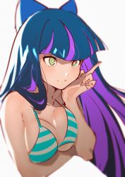 Rule 34 | 1girl, absurdres, arutera, bikini, blue hair, blunt bangs, breasts, cleavage, colored inner hair, green eyes, highres, long hair, medium breasts, multicolored hair, panty &amp; stocking with garterbelt, purple hair, smile, solo, stocking (psg), striped bikini, striped clothes, swimsuit, tongue, tongue out, two-tone hair, very long hair