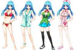 Rule 34 | 1girl, anklet, barefoot, bikini, black thighhighs, blue hair, breasts, cleavage, cleavage cutout, clothing cutout, feet, hand on another&#039;s chest, hand on own chest, hat, heart, heart cutout, jewelry, mirk, nurse, nurse cap, palette swap, red eyes, skirt, swimsuit, thighhighs, zettai ryouiki