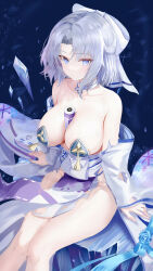 Rule 34 | 1girl, absurdres, age fx, azur lane, bare shoulders, between breasts, blue eyes, bow, breasts, collarbone, hair bow, highres, japanese clothes, kimono, large breasts, looking at viewer, obi, pelvic curtain, sash, scroll, senran kagura, sitting, solo, thighs, torn clothes, torn kimono, white bow, white hair, white kimono, yumi (senran kagura)