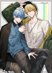 Rule 34 | 2boys, black pants, blonde hair, blue eyes, blue hair, blue sweater, boots, brown footwear, closed mouth, cup, drinking straw, drinking straw in mouth, ear piercing, hair between eyes, hand on headwear, hat, highres, holding, holding cup, jacket, jewelry, kise ryouta, kuroko no basuke, kuroko tetsuya, long sleeves, looking at viewer, male focus, multiple boys, necklace, open clothes, open jacket, pants, piercing, plaid, plaid pants, shirt, sonomi, sweater, twitter username, white shirt