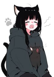 Rule 34 | 1girl, ahoge, animal ear fluff, animal ears, black cat, black hair, blunt bangs, blush, cat, cat ears, cat girl, cat tail, closed eyes, emphasis lines, fangs, grey hoodie, highres, hood, hoodie, megateru, no nose, nose blush, open mouth, original, oversized clothes, paw print, sitting, sleeves past wrists, solo, tail, tearing up, yawning