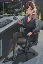 Rule 34 | 1girl, black pantyhose, blue eyes, blurry, blurry background, blush, breasts, brown hair, chair, cityscape, cleavage, commission, computer, crossed legs, desk, desktop, dress shirt, formal, high heels, highres, keyboard (computer), large breasts, legs, looking at viewer, medium hair, mouse (computer), night, office, office chair, office lady, original, pantyhose, pencil skirt, plant, potted plant, red shirt, shirt, sitting, skirt, smile, solo, strappy heels, suit, swivel chair, zaq (zaqsta)