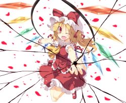 Rule 34 | 1girl, ascot, blonde hair, bow, fangs, flandre scarlet, hat, hat bow, mob cap, open mouth, outstretched arms, petals, red eyes, satou kibi, shirt, side ponytail, skirt, skirt set, slit pupils, smile, solo, touhou, vest, wings, wink, wrist cuffs