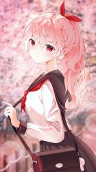 Rule 34 | 1girl, :|, bad id, bad pixiv id, bag, blurry, blurry background, bokeh, cherry blossoms, closed mouth, commentary, cowboy shot, depth of field, hair between eyes, holding, light blush, long hair, looking at viewer, neckerchief, original, pink hair, pink theme, ponytail, red eyes, red neckerchief, school bag, school uniform, serafuku, shan (ti0n), shirt, solo, standing, white shirt