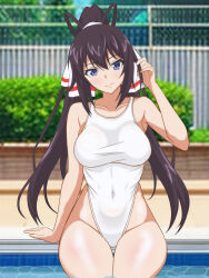 Rule 34 | 1girl, black hair, blue eyes, breasts, competition swimsuit, covered navel, cowboy shot, hata (pixiv10403940), high ponytail, highleg, highleg swimsuit, highres, infinite stratos, large breasts, long hair, multicolored clothes, one-piece swimsuit, ponytail, poolside, shinonono houki, sitting, soaking feet, solo, split ponytail, swimsuit, thigh gap, white one-piece swimsuit