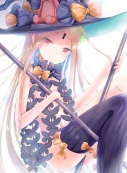 Rule 34 | 1girl, abigail williams (fate), abigail williams (second ascension) (fate), between legs, black bow, black hat, black panties, blonde hair, bow, breasts, closed mouth, commentary request, fate/grand order, fate (series), hat, hat bow, head tilt, holding, keyhole, kinom (sculpturesky), long hair, looking at viewer, orange bow, panties, parted bangs, polka dot, polka dot bow, red eyes, revealing clothes, small breasts, smile, solo, stuffed animal, stuffed toy, teddy bear, topless, underwear, very long hair, witch hat