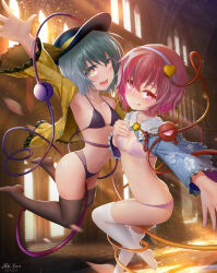 Rule 34 | 2girls, :q, absurdres, alexzhang, ass, bikini, black bikini, black headwear, black thighhighs, blue shirt, breasts, butt crack, chireiden, cleavage, commentary request, floral print, full body, green eyes, green hair, hairband, hat, hat ribbon, heart, heart-shaped pupils, heart of string, highres, indoors, komeiji koishi, komeiji satori, light rays, looking at viewer, multiple girls, open mouth, panties, pink bikini, pink eyes, pink hair, ribbon, shirt, short hair, siblings, signature, sisters, small breasts, swimsuit, symbol-shaped pupils, thighhighs, third eye, tongue, tongue out, touhou, underwear, white hairband, white thighhighs, yellow ribbon, yellow shirt