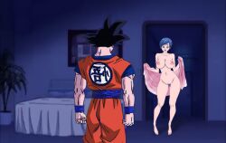 Rule 34 | 1boy, 1girl, black hair, blue hair, breasts, bulma, cheating (relationship), completely nude, dragon ball, dragon ball super, female pervert, full body, highres, japanese text, large breasts, legs, long legs, mature female, medium hair, muscular, muscular male, nude, open mouth, pervert, pussy, sexually suggestive, short hair, son goku, text focus, uncensored