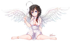 Rule 34 | 1girl, angel, angel wings, baileys (tranquillity650), blue eyes, blush, braid, breasts, brown hair, closed mouth, dress, hair flaps, hair ornament, hair over shoulder, hair ribbon, highres, kantai collection, large breasts, long hair, looking at viewer, ribbon, shigure (kancolle), simple background, single braid, sitting, smile, solo, white background, white dress, wings