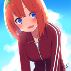 Rule 34 | 1girl, :d, blue eyes, blue sky, blush, breasts, cloud, commentary request, dated, day, double vertical stripe, eyes visible through hair, go-toubun no hanayome, green hairband, hairband, jacket, leaning forward, long sleeves, looking at viewer, makoto (bk69and7), medium breasts, nakano yotsuba, open mouth, outdoors, red hair, red jacket, short hair, signature, sky, smile, solo, tareme, track jacket, upper body, zipper, zipper pull tab