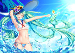 Rule 34 | 1girl, absurdres, aqua eyes, aqua hair, armpits, bad id, bad pixiv id, bikini, blue hair, blurry, cloud, cloudy sky, commentary request, day, depth of field, hand on headwear, hat, hatsune miku, highres, holding, long hair, looking at viewer, looking back, meion, nail polish, navel, ocean, one eye closed, open mouth, outstretched arm, partially submerged, sailor collar, side-tie bikini bottom, sky, smile, solo, standing, striped bikini, striped clothes, swimsuit, thighs, twintails, very long hair, vocaloid, wading, water, water drop