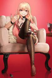 Rule 34 | 1girl, absurdres, areola slip, artist name, black choker, blonde hair, blush, bracelet, breasts, brown thighhighs, chair, choker, commentary request, cushion, dot nose, ear piercing, earrings, eyelashes, fishnet thighhighs, fishnets, gradient background, gradient hair, greatodoggo, hair between eyes, hand on breast, hand on own chest, highres, jewelry, kitagawa marin, lipstick, long hair, looking at viewer, makeup, middle finger, multicolored hair, nail polish, piercing, pink hair, red background, red eyes, red nails, ring, sewing machine, sitting, skindentation, smile, solo, sono bisque doll wa koi wo suru, thighhighs, twitter username