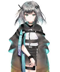 Rule 34 | 1girl, 414 (hncx3355), arknights, belt, black skirt, bracelet, english text, feather hair ornament, feathers, green eyes, grey cloak, greythroat (arknights), hair ornament, highres, infection monitor (arknights), jewelry, multicolored hair, shirt, short hair, silver hair, simple background, skirt, solo, white background, white shirt