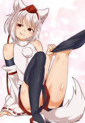 Rule 34 | 1boy, :q, animal ears, arm support, ass, bare shoulders, detached sleeves, genderswap, genderswap (ftm), hat, inubashiri momiji, knee up, leg up, licking lips, male focus, naughty face, red eyes, ruri tsubame, shorts, sitting, smile, solo, tail, thighhighs, thighs, tokin hat, tongue, tongue out, touhou, upshorts, white hair, wolf ears, wolf tail