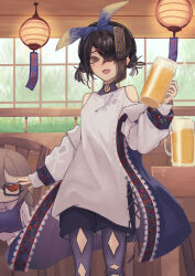 Rule 34 | 1girl, alcohol, argyle, argyle clothes, argyle cutout, beer, beer mug, black hair, black pantyhose, black shorts, breasts, brown eyes, character doll, clothing cutout, cup, fate/grand order, fate (series), hair over one eye, hairband, highres, jacket, long sleeves, looking at viewer, mole, mole under eye, mug, off shoulder, open clothes, open jacket, open mouth, pantyhose, pantyhose under shorts, roy (roy pomu), shirt, short hair, short twintails, shorts, shoulder cutout, small breasts, smile, solo, thighs, twintails, white jacket, white shirt, xu fu (event portrait) (fate), xu fu (fate), yu mei-ren (fate)
