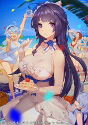 Rule 34 | 5girls, :d, :t, ^ ^, ahoge, arm up, arms up, artist name, bag, bare shoulders, basket, beach, beach towel, bikini, bikini under clothes, black hairband, blouse, blue dress, blue flower, blue rose, blue sky, bow, bowtie, braid, breasts, bronya zaychik, cake, cake slice, casual one-piece swimsuit, center frills, cleavage, clenched hand, closed eyes, closed mouth, cloud, collarbone, cup, day, dress, drill hair, drinking, drinking glass, duffel bag, eating, facing viewer, flower, food, food on face, fork, frilled dress, frills, front-tie bikini top, front-tie top, fruit, gloves, grey shirt, hair flower, hair ornament, hair over shoulder, hairband, halter dress, halterneck, han-0v0, highres, holding, holding cup, holding drinking glass, holding fork, holding plate, honkai (series), honkai impact 3rd, innertube, jewelry, kiana kaslana, large breasts, leg up, long hair, multiple girls, murata himeko, necklace, ocean, one-piece swimsuit, open clothes, open mouth, open shirt, palm leaf, pendant, plate, purple eyes, purple hair, raiden mei, raiden mei (valkyrie bladestrike), red bikini, red hair, red ribbon, ribbon, rose, sand, sandals, see-through, shirt, shore, short sleeves, side braid, sideways mouth, single braid, sky, sleeveless, sleeveless dress, smile, standing, standing on one leg, straight hair, strawberry, striped clothes, striped shirt, swim ring, swimsuit, table, theresa apocalypse, towel, twin drills, twintails, vertical-striped clothes, vertical-striped shirt, very long hair, white bow, white dress, white gloves, yellow one-piece swimsuit