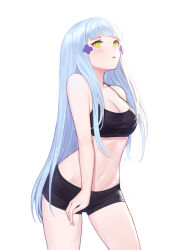 Rule 34 | 1girl, blue hair, blunt bangs, breasts, cleavage, closed mouth, contrapposto, cowboy shot, crop top, facial mark, girls&#039; frontline, green eyes, hair ornament, hk416 (girls&#039; frontline), lips, long hair, medium breasts, midriff, navel, short shorts, shorts, sidelocks, simple background, siun, solo, very long hair, white background