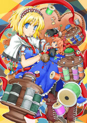 Rule 34 | 1girl, aka ringo, alice margatroid, black pantyhose, blonde hair, blue eyes, boots, colored pencil, colorized, cross-laced footwear, doll, female focus, hairband, heart, hinami-mami, necktie, needle, pantyhose, pencil, scissors, sewing, short hair, solo, spool, thread, touhou, wrist cuffs