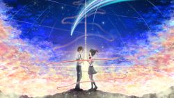 Rule 34 | 10s, 1boy, 1girl, absurdres, antenna hair, black hair, black pants, black skirt, black socks, bow, bowtie, bracelet, brown eyes, comet, eye contact, from side, full body, green necktie, hair ribbon, highres, jewelry, kimi no na wa., kneehighs, looking at another, miyamizu mitsuha, necktie, open mouth, pants, pleated skirt, ponytail, red bow, red bowtie, red ribbon, ribbon, shirt, short hair with long locks, short sleeves, sidelocks, skirt, sky, socks, standing, star (sky), starry sky, striped necktie, striped neckwear, tachibana taki, teras, unadon, white shirt