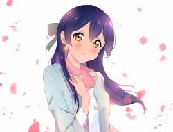 Rule 34 | 1girl, :o, aqua jacket, artist name, artist request, blue eyes, blush, earrings, female focus, highres, jacket, jewelry, long hair, looking at viewer, love live!, love live! school idol project, maru cyy, pink scarf, scarf, shirt, solo, sonoda umi, white background, white shirt, yellow eyes