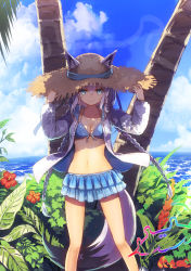 Rule 34 | 1girl, absurdres, alternate hairstyle, animal ears, aqua eyes, bare legs, beach, bikini, bikini skirt, blue bikini, blue sky, braid, breasts, cleavage, closed mouth, cloud, cloudy sky, coconut tree, commentary request, cowboy shot, day, flower, fox ears, fox tail, frilled bikini, frills, hair between eyes, hands on headwear, hat, hibiscus, highres, hololive, huge filesize, jacket, long hair, long sleeves, looking at viewer, medium breasts, midriff, namako (namacotan), navel, ocean, open clothes, open jacket, outdoors, palm tree, plant, shade, shirakami fubuki, shirakami fubuki (hololive summer 2019), side braid, signature, silver hair, sky, smile, solo, standing, straw hat, sunlight, swimsuit, tail, thighs, tree, twin braids, twintails, virtual youtuber, white jacket