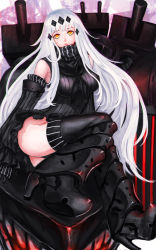 Rule 34 | 10s, 1girl, absurdres, abyssal ship, aircraft carrier water oni, armor, armored boots, bare shoulders, black dress, black thighhighs, boots, breasts, detached sleeves, dress, hair ornament, highres, impossible clothes, impossible dress, kantai collection, knee boots, large breasts, long hair, looking at viewer, neckerchief, orange eyes, ribbed dress, scarf, short dress, solo, thighhighs, turret, very long hair, white hair, ytoy