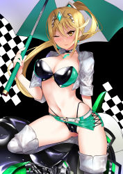 Rule 34 | 1girl, ;p, absurdres, alternate hairstyle, belt, belt buckle, bikini, black choker, blonde hair, blush, boots, breasts, buckle, cameltoe, camisole, checkered background, choker, cleavage, cleft of venus, closed mouth, cropped jacket, daive, earrings, gem, high ponytail, highleg, highleg bikini, highres, holding, holding umbrella, jacket, jewelry, large breasts, leg up, long hair, looking at viewer, microskirt, miniskirt, mythra (xenoblade), navel, nintendo, one eye closed, open clothes, open jacket, race queen, short sleeves, skirt, smile, solo, stomach, swimsuit, thigh boots, thighhighs, thong bikini, tiara, tongue, tongue out, two-tone background, two-tone bikini, umbrella, upskirt, very long hair, white footwear, white jacket, xenoblade chronicles (series), xenoblade chronicles 2, yellow eyes