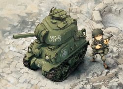 Rule 34 | 1boy, asterisk kome, cannon, commentary request, from above, grin, helmet, m4 sherman, military, military vehicle, motor vehicle, shovel, smile, soldier, tank, turret, weapon, worktool, world war toons