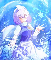 Rule 34 | 1girl, apron, blue background, blue vest, breasts, closed eyes, closed mouth, commentary, facing viewer, gyuta, highres, juliet sleeves, lapel pin, large breasts, letty whiterock, light purple hair, long sleeves, puffy sleeves, scarf, short hair, smile, snowflakes, solo, touhou, vest, waist apron, white apron, white headwear, white scarf