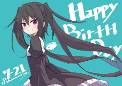 Rule 34 | 1girl, absurdres, amano kouki, anniversary, black dress, black hair, blue background, blush stickers, commentary request, dated, dress, floating hair, from side, grin, hair between eyes, happy birthday, highres, juliet sleeves, long hair, long sleeves, looking at viewer, looking to the side, note-chan, original, puffy sleeves, purple eyes, simple background, smile, solo, twintails, very long hair