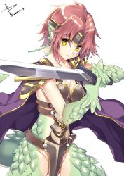 Rule 34 | 1girl, animal ears, armor, breasts, brown hair, cape, cleavage, dragon girl, dragon tail, female focus, granberia, large breasts, looking at viewer, mon-musu quest!, monster girl, scales, solo, sword, tail, tiara, weapon, yappen, yatsu (sasuraino), yellow eyes