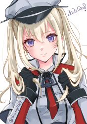 Rule 34 | 1girl, absurdres, black gloves, blonde hair, capelet, dated, gloves, graf zeppelin (kancolle), hair between eyes, hat, highres, kantai collection, long hair, long sleeves, looking at viewer, peaked cap, purple eyes, shiomugi (shio mugi1107), sidelocks, simple background, solo, twintails, twitter username, upper body, white background, white capelet, white hat