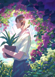 Rule 34 | 1girl, blue skirt, brown eyes, brown hair, closed mouth, commentary, english commentary, flower, flower pot, from side, highres, hiko (scape), holding, holding flower pot, nature, original, plant, pleated skirt, potted plant, school uniform, shirt, short hair, short sleeves, skirt, solo, white shirt