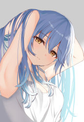 Rule 34 | 1girl, armpits, arms up, bare arms, bare shoulders, blue hair, breasts, brown eyes, camisole, cleavage, closed mouth, commentary request, gradient background, grey background, hair between eyes, hands in hair, highres, hikashou, hololive, long hair, looking at viewer, medium breasts, smile, solo, upper body, virtual youtuber, white background, white camisole, yukihana lamy
