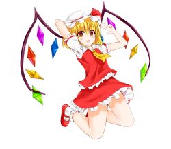Rule 34 | 1girl, amazaki ria, arm behind head, ascot, bad id, bad pixiv id, blonde hair, blush, commentary request, crystal, flandre scarlet, frilled shirt collar, frilled skirt, frilled sleeves, frilled socks, frills, full body, hat, hat ribbon, highres, kneeling, looking at viewer, mary janes, mob cap, open mouth, puffy short sleeves, puffy sleeves, red eyes, red footwear, red ribbon, red skirt, red vest, ribbon, shoes, short sleeves, side ponytail, skirt, socks, solo, touhou, vest, white background, white socks, wings