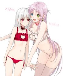 Rule 34 | 10s, 2girls, :3, :d, bell, blue eyes, bra, breast press, breasts, cat cutout, cat ear panties, cat lingerie, character name, child, choker, cleavage, cleavage cutout, clothing cutout, green eyes, heterochromia, highres, jingle bell, k-project, kushina anna, long hair, medium breasts, meme attire, multiple girls, navel, neko (k-project), open mouth, panties, pink hair, red eyes, side-tie panties, silver hair, small breasts, smile, thighhighs, tokki, underwear, underwear only, very long hair, white bra