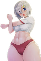 Rule 34 | 1girl, abs, blue eyes, blush, breasts, buruma, commentary request, crossed arms, from below, hair ornament, hair over one eye, hairclip, hamakaze (kancolle), hormone koijirou, impossible clothes, kantai collection, large breasts, looking at viewer, looking down, navel, open mouth, panties, red panties, shiny skin, shirt, short hair, short sleeves, silver hair, simple background, skindentation, solo, thick thighs, thighs, underwear, white background, white shirt, wide hips