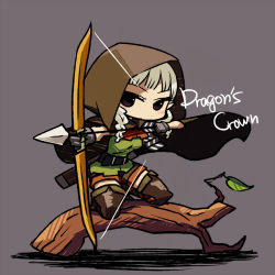 Rule 34 | 1girl, aiming, arrow (projectile), black eyes, bow (weapon), braid, chan co, chibi, cloak, dragon&#039;s crown, drawing bow, elf (dragon&#039;s crown), female focus, full body, gloves, holding, holding bow (weapon), holding weapon, hood, kneeling, leaf, log, long hair, plant, pointy ears, quiver, simple background, solo, thighhighs, twin braids, weapon, white hair