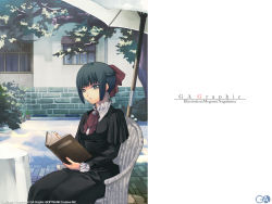 Rule 34 | book, braid, copyright name, day, frown, gagraphic, goth fashion, half updo, layered sleeves, nagahama megumi, outdoors, plant, sitting, solo, tagme, wallpaper