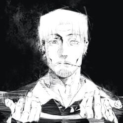 Rule 34 | 1boy, black background, chainsaw man, dark background, ear piercing, facial hair, greyscale, highres, kishibe (chainsaw man), looking at viewer, monochrome, multiple piercings, piercing, short hair, simple background, solo, stitched mouth, stitches, stubble, tuzaixia, white hair