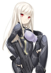 Rule 34 | 1girl, android, assault rifle, body (bacoborn), bodysuit, bullpup, cowboy shot, expressionless, fingerless gloves, fn f2000, fn herstal, gloves, gun, highres, leg up, long hair, looking at viewer, modular weapon system, original, red eyes, rifle, shiny clothes, simple background, skin tight, solo, trigger discipline, weapon, white background, white hair