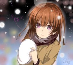 Rule 34 | 1girl, brown hair, character request, holding, looking at viewer, purple eyes, qingchen (694757286), scarf, signature, snow, solo